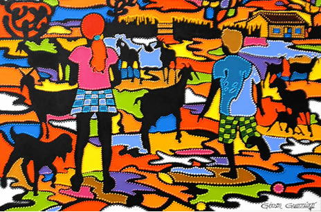 Obra: Menino, Menina e Cabras na Malhada. Acrílico sobre Tela, 90x120cm. Ano 2010. Obra de arte: Menino, Menina e Cabras na Malhada - Gérson Guerreiro